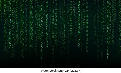 Green matrix background. Stream of binary code. Falling numbers on dark backdrop. Digital computer code. Coding and hacking. Vector illustration.
