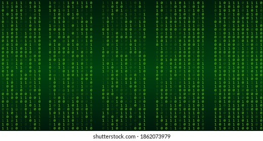 Green matrix background. stream of binary code. Falling numbers on dark backdrop. Digital computer code. Coding and hacking. Vector illustration.