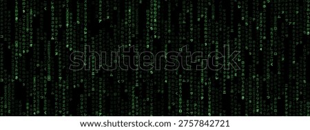 Green matrix code falling on black background. Digital stream of Japanese characters and numbers. Virtual reality cyber communication and abstract data stream technology concept.