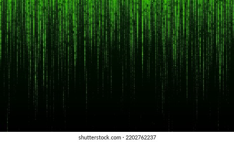 Green matrix on the dark background with noise effect and dots. Big data visualization. Digital texture backdrop. Vector illustration.