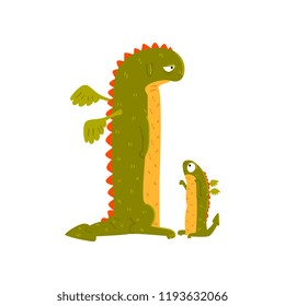 Green mature dragon and small baby dragon, mother and her child, cute family of mythical animals cartoon characters vector Illustration on a white background