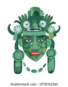 Green Mayan traditional mask. Ancient civilisation icon in Mexico vector illustration. Face with decorative elements isolated on white background. Religion , ritual and tradition.