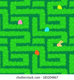 Green maze Easter Hunt. Vector seamless pattern.