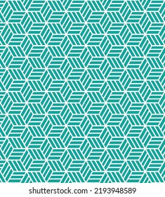 Green maze hexagon pattern on white background. Colorful abstract art. Green and white stripe box shape pattern.