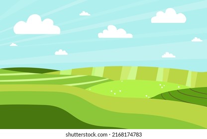 Green meadow, agricultural fields. Panorama background. Bright cartoon illustration. Background for the design of packaging, covers, postcards. Vector cartoon illustration, flat