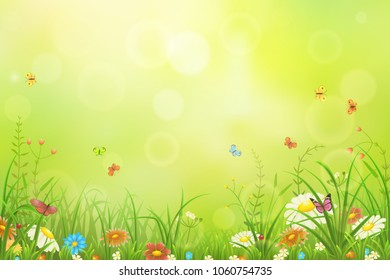 Green meadow background with grass, flowers and butterflies