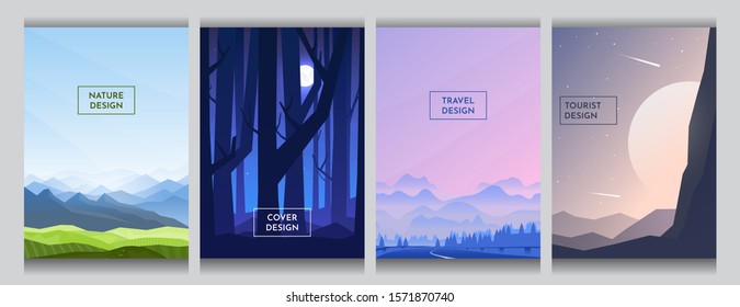 Green meadow   blue mountains  moon light behind night forest trees  gradient wavy hill near road  abstract  huge sunset at minimalist style  Flat backgrounds set  Cover template design  Page layout