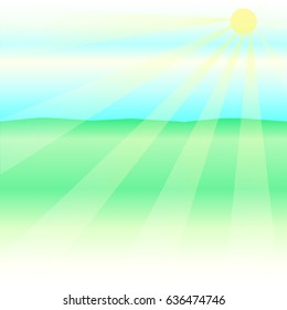 Green meadow, bright sun and clouds. Vector illustration