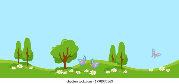 Green meadow with butterflies. Summer landscape with young trees and foliage white daisies colorful insects beautiful rainbow wings flutter over flowers lush blooming vector pasture.