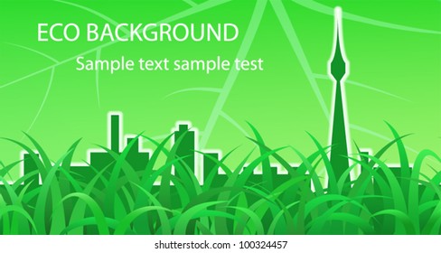 Green meadow and city skyline, ecological background. EPS10 vector format