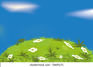Green meadow and cloudy blue sky