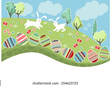Green meadow with easter eggs and rabbits
