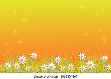 Green meadow grass, daisy chamomile flowers on orange sunset bubble background. Spring summer sale, festive template for retail poster and advertising design wtih space for text. Vector illustration