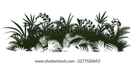 Green meadow. Jungle rainforest. Nature landscape silhouette. Dense tropical thickets. Isolated on white background. Vector.