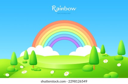 Green Meadow Landscape with Pedestal Stand  Modern 3D Vector Illustration for Summer Banner, Product Presentation or Website Design. Cartoon Rainbow with Clouds in the Blue Sky.