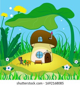 Green meadow with mushroom house and a cheerful mouse. Children's illustration with plants, flowers, dandelions and a small house. The mouse pours tea, sitting in a chair at the table.