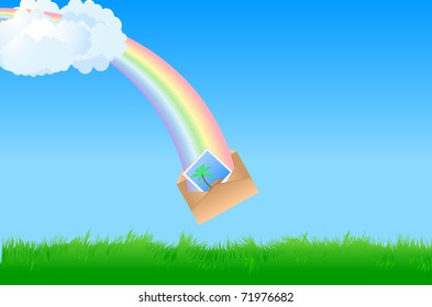Green meadow with a rainbow of transmitting mail envelope with a photo