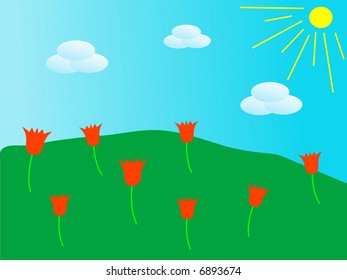 Green meadow with red tulips