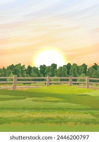 A green meadow and thickets of bushes in a wooden fence. Pasture or paddock. Realistic vector landscape