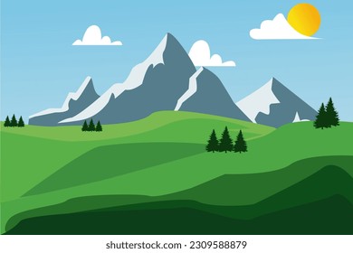Green meadow with three mountains in the background