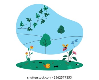 A green meadow with various kinds of plants, such as flowers and trees, some insects such as ants, beetles, and snails are seen doing their activities, vector illustration of an ecosystem.