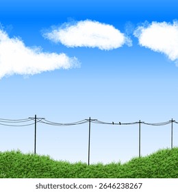 green meadow view with electric poles on a sunny cloudy day