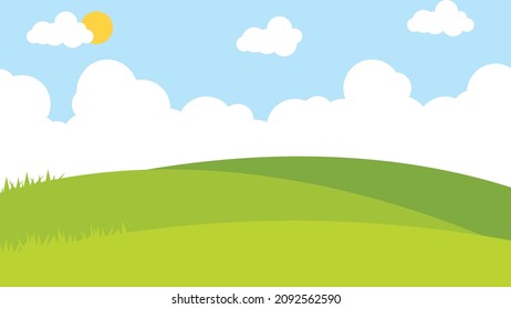 Green meadow with white clouds summer green view landscape background illustration