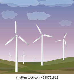 Green meadow with wind turbines generating electricity

