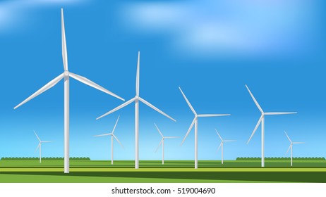 Green meadow with Wind turbines generating electricity, alternative energy, vector image.