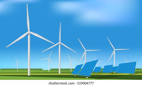 Green meadow with Wind turbines generating electricity and Solar panels, energy alternative, concept of renewable energy Vector design.