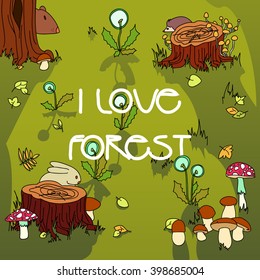 Green meadow in the woods in a meadow there stumps and trees. Beyond the trees the animals are hiding. In the center of the label. Colors: green, brown, blue, yellow, white