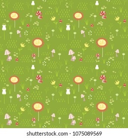 Green Meadow with Yellow Flowers, Mushrooms, Berries and Grass Seamless Pattern Flat Vector Illustration