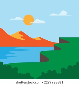 green meadows with beautiful lakes and mountains logo vector illustration