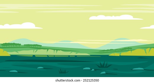 Green meadows with big bushes and trees, game background landscape, tileable horizontally, ground with grass and stones, green sky with white clouds