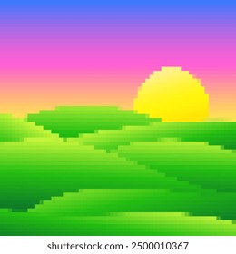 Green meadows at dawn in pixel art style. Rising sun on green fields in the style of 8-bit retro graphics of the 80s and 90s. Design for covers, banners and posters. Vector illustration