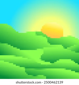 Green meadows at dawn in pixel art style. Rising sun on green fields in the style of 8-bit retro graphics of the 80s and 90s. Design for covers, banners and posters. Vector illustration