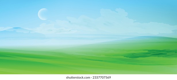 Grüne Wiesen Landschaft. Vektorbanner mit Aquarellstruktur. Naturhintergrund. Minimaler Hintergrund mit Platz für Text. 