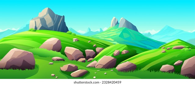 Green meadows and mountain valley. Blue sky with fluffy clouds, nature panorama, summer landscape of fields with grass, stones, path, rocks on horizon. Vector cartoon illustration for banner or print