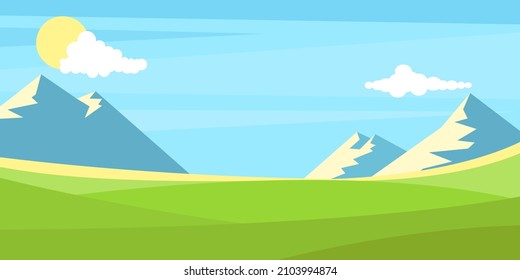 Green meadows, mountains in the background, the sun is shining, summer, in a flat style, vector