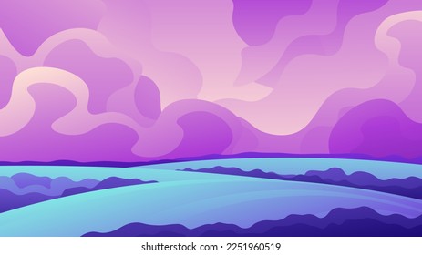 Green meadows on pink sunset cloudscape background.