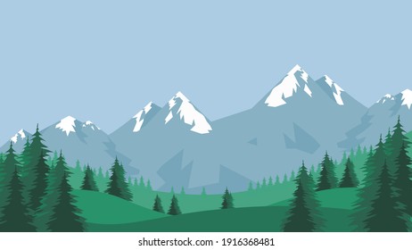 Green meadows, pine trees, with mountains landscape. vector illustration.