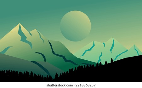 Grüne Wiesen, Pinienbäume, mit Berglandschaft. Vektorgrafik.