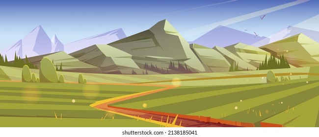 Vegetales verdes y carreteras en el valle de montaña. Dibujo vectorial del paisaje de verano, paisaje de campo con campos, árboles y rocas en el horizonte