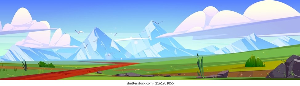 Green meadows and road in mountain valley. Vector cartoon illustration of nature panorama, summer landscape of fields with grass, stones, path and white rocks on horizon