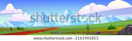 Green meadows and road in mountain valley. Vector cartoon illustration of nature panorama, summer landscape of fields with grass, stones, path and white rocks on horizon
