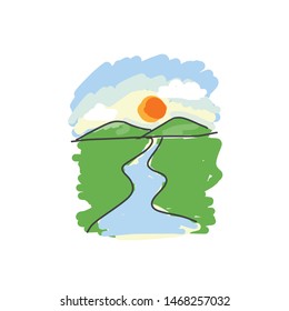 Green Meadows With Sky Mountain Sun And River , Vector Illustration