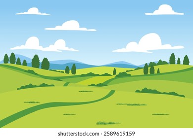 Green meadows and summer fields vector landscape illustration. Summer landscape of green fields, trees, hills and mountains. Beautiful natural landscape for design.