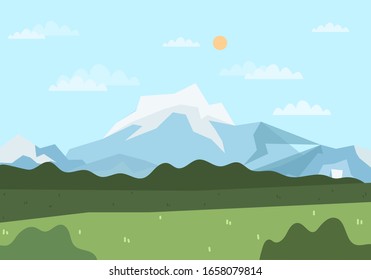 Green Meadows With Three Mountains In The Background. Mountain Landscape.Simple Flat Vector Cartoon Illustartion.