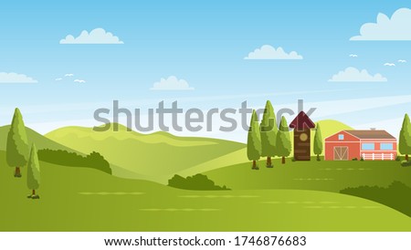 Green meadows with green trees and bright hills