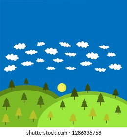 Green meadows with two mountains and sunset in the background. vector
